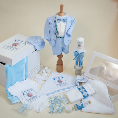 SET TRUSOU BOTEZ BAIAT BLEU PANTALON SCURT VARA 0-12 luni "Deluxe" 19 piese JULES