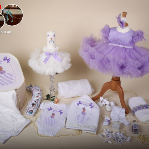 Anne Mov – Set Trusou Botez Fetiță Mov/lila 0-24 luni Premium – 28 Piese (Mânecuță Scurtă)