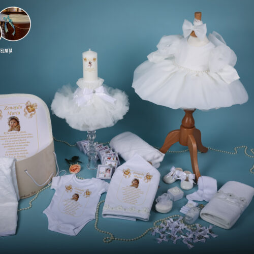 Bella alb- Set trusou botez fată alb 0-24 luni Premium - 28 piese