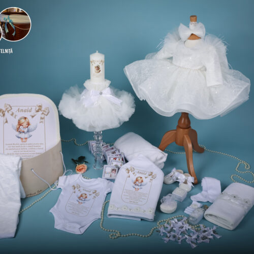 Julieta Alb – Set Trusou Botez Fetiță Alb 0-24 luni Premium – 28 Piese