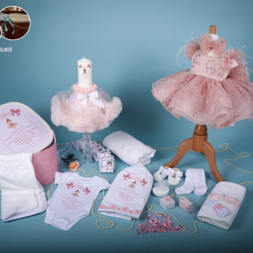 Julieta Roz – Set Trusou Botez Fetiță Roz 0-24 luni Premium – 28 Piese (Mânecuță Scurtă)