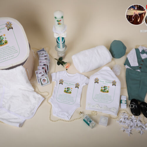 Teodor verde menta -Set trusou botez baiat verde menta cu pantaloni scurti  0-24 luni Premium - 30 piese