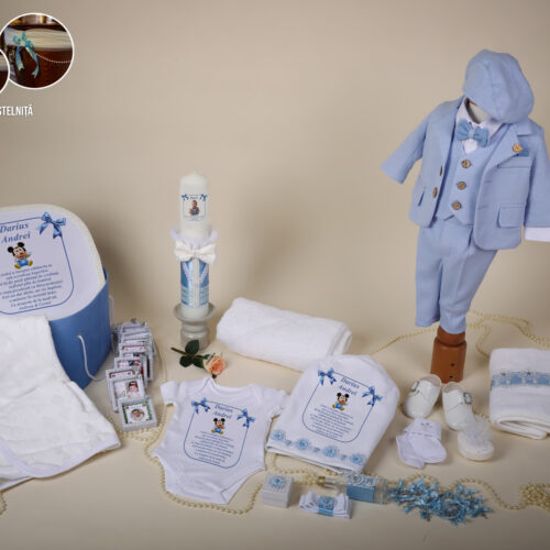 Tudor bleu- Set trusou botez baiat bleu 0-24  luni Premium - 31 piese