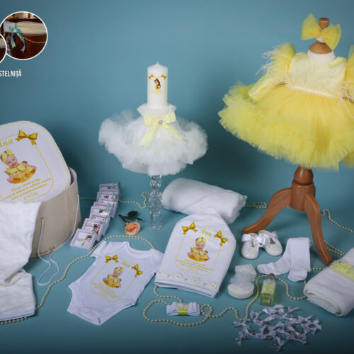Anne Galben - Set trusou botez fată galben 0-24 luni Premium - 28 piese