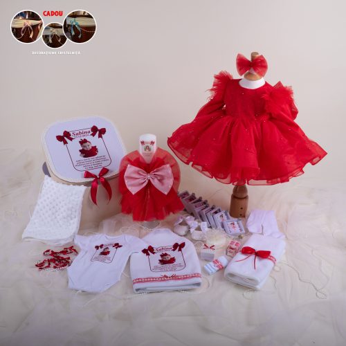 Ofelia Extra Premium – Set Trusou Botez Fetiță Roșu 0–24 luni – 28 piese