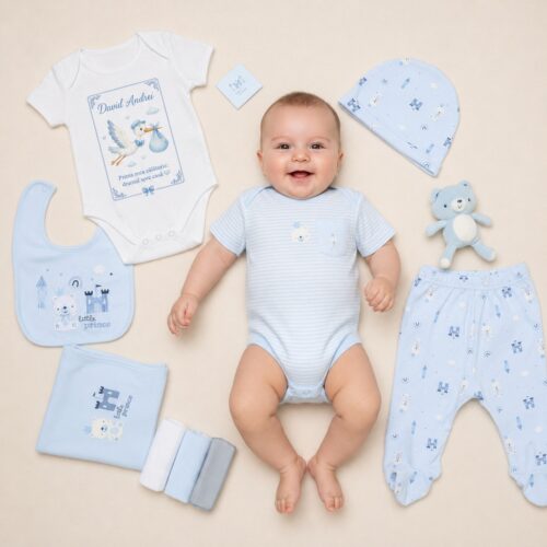 Set Cadou Nou nascut scoatere din maternitate 11 piese Micul Print Bleu Bumbac 100%