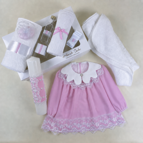 Trusou Botez Fetiță ESENȚIAL EVA, 11 Piese, Rochie și Lumânare Elegantă, Roz, 0-3 / 3-6 / 6-9 / 9-12 Luni