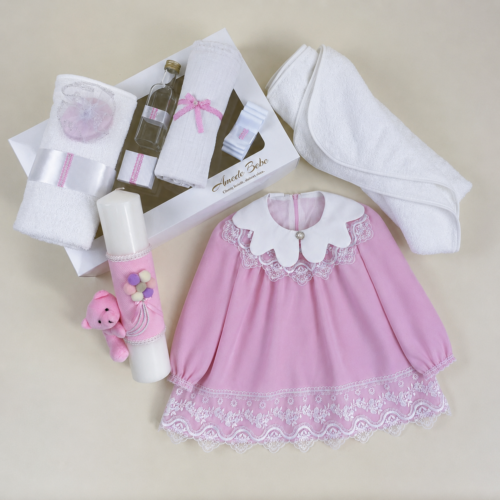 Trusou Botez Fetiță ESENȚIAL EVA, 11 Piese, Rochie și Lumânare cu Ursuleț și Baloane, Roz, 0-3 / 3-6 / 6-9 / 9-12 Luni