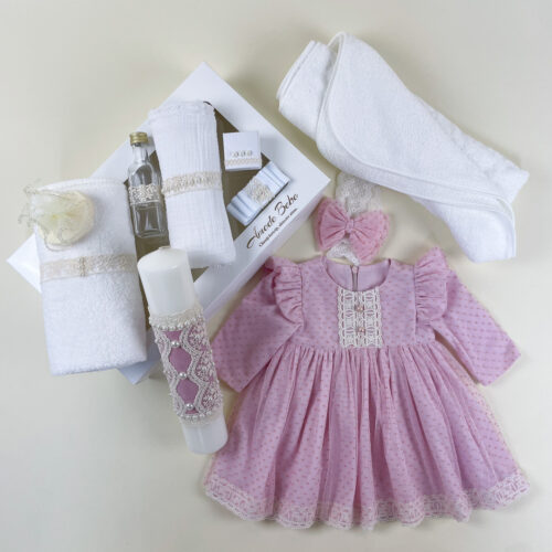 Trusou Botez Fetiță ESENȚIAL ROUA, 11 Piese, Rochie și Lumânare Elegantă, Roz, 0-3 / 3-6 / 6-9 / 9-12 Luni