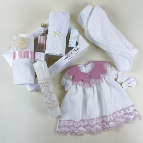 Trusou Botez Fetiță ESENȚIAL EVA, 11 Piese, Rochie și Lumânare Elegantă, Ivoire-Crem, 0-3 / 3-6 / 6-9 / 9-12 Luni (Mânecuță Scurtă)