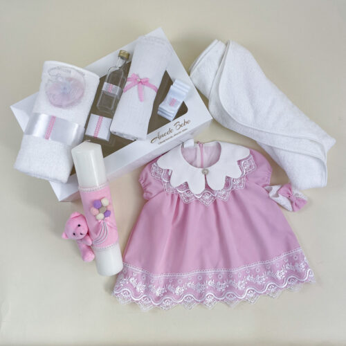 Trusou Botez Fetiță ESENȚIAL EVA, 11 Piese, Rochie și Lumânare cu Ursuleț și Baloane, Roz, 0-3 / 3-6 / 6-9 / 9-12 Luni (Mânecuță Scurtă)